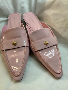Tory Burch Blush Pink Patent Leather Pointed Slip-On Mules with Gold Emblem